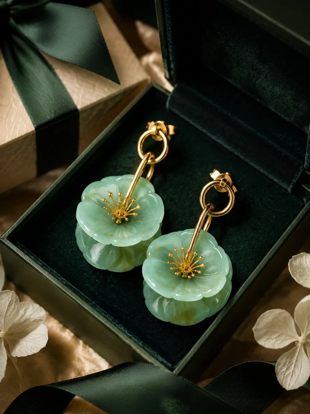 Mint Green Flower Drop Earrings with Gold Rings